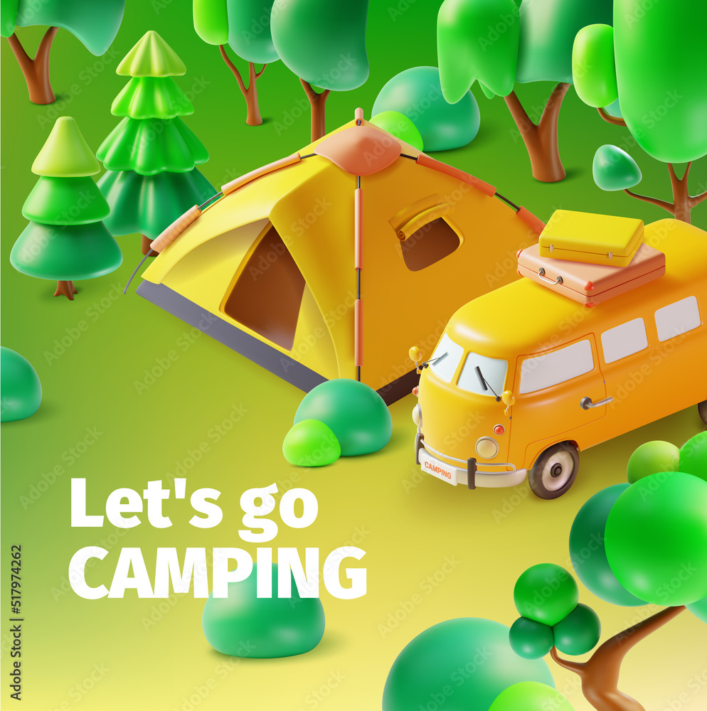 Canvas Prints 3d Let's Go Camping Concept Poster Card Plasticine Cartoon Style. Vector illustration of Travel Summer Family Trip