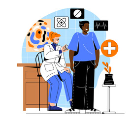 Medical examination and health checkup. Pulmonologist with stethoscope listens to patient breathing and detects illness of lungs. Treatment of respiratory diseases. Cartoon flat vector illustration