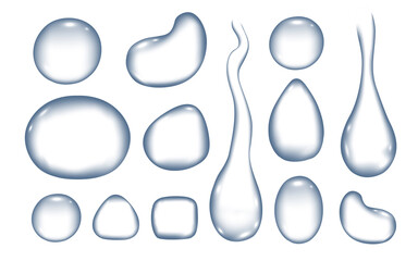 Vector water drop set 3d realistic style isolated on white background. Clear water. 10 eps
