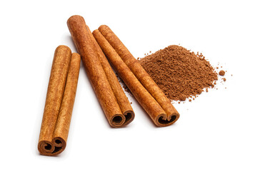 Cinnamon sticks and powder, isolated on white background