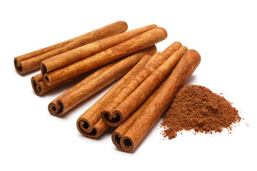 Cinnamon sticks and powder, isolated on white background