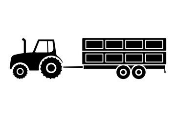 Farm tractor with trailer icon. Black silhouette. Side view. Vector simple flat graphic illustration. Isolated object on a white background. Isolate.