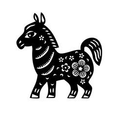 Chinese Zodiac New Year sign horse. Traditional china horoscope animal. Silhouette of animal, painted in Chinese graphic style with floral ornate. Vector illustration. Paper cut