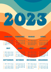 Calendar 2023 retro groovy wallpaper. Vertical one sheet with all monthes. Week start on Sunday. A4 A3 A2 A5. Minimalistic design.