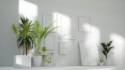 empty white room interior with classic picture frames, tropical home plants on the floor,sunlight from windows