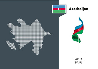 Flag of  Azerbaijan on white background. Dotted map of Azerbaijan with Capital name - Baku.