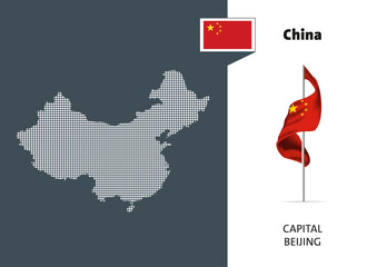 Flag of  China on white background. Dotted map of China with Capital name - Beijing.