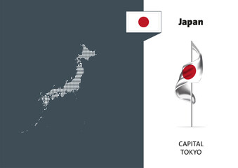 Flag of  Japan on white background. Dotted map of Japan with Capital name - Tokyo.