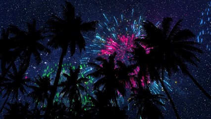 Bottom View of Night Sky with Fireworks through Palm Trees.