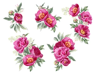 Stof per meter Bloemen Roze pioen aquarel bloemen. Bloemstuk voor kaart, uitnodiging, decoratie. Illustratie geïsoleerd op een witte achtergrond