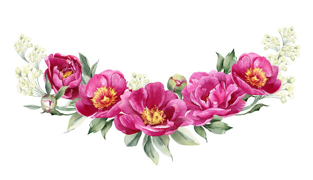 Pink peony watercolor flowers. Floral arrangement for card, invitation, decoration. Illustration isolated on white background