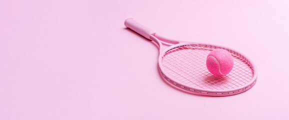 Pink tennis racket and pink ball on pink background. Horizontal sport theme poster, greeting cards, headers, website and app.