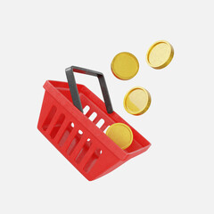 Grocery basket with symbolic coins. Red plastic shopping basket. 3d rendering
