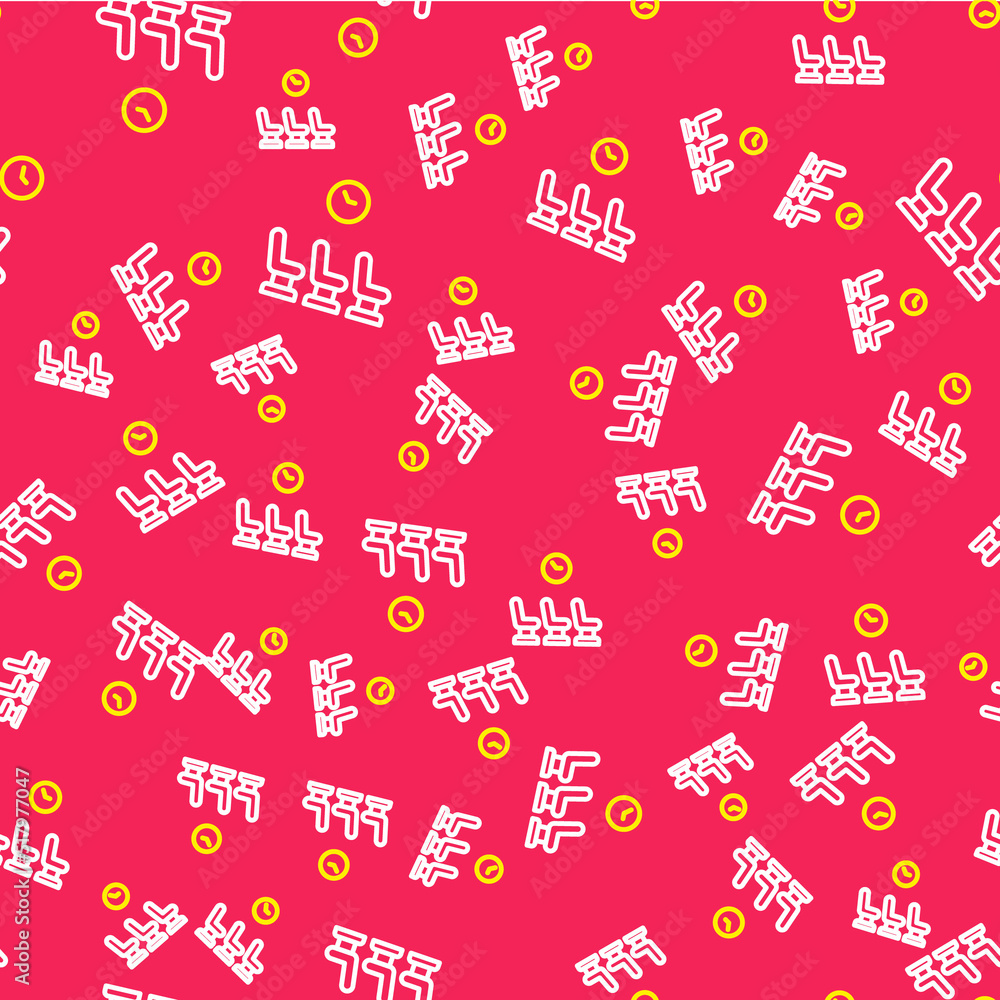 Poster line waiting room icon isolated seamless pattern on red background. vector