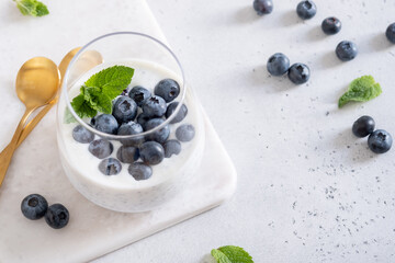 Chia pudding with coconut milk and blueberry with mint