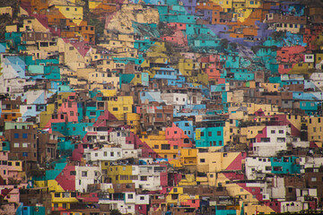 Group of colorful houses. Favelas in the mountains. Areas inhabited by the poor. Lima, Peru - July 16, 2022: Part of shanty town on side of Cerro San Cristobal, Andes Mountain.