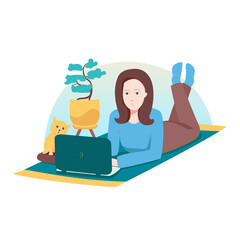 girl with laptop. Freelance or studying concept. Homework, work at home. Cute illustration in flat style.