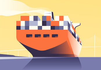 Vector illustration of a loaded container cargo ship passes under the bridge - obrazy, fototapety, plakaty