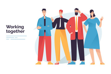 Vector illustration depicting a cheerful team of people, colleagues, friends