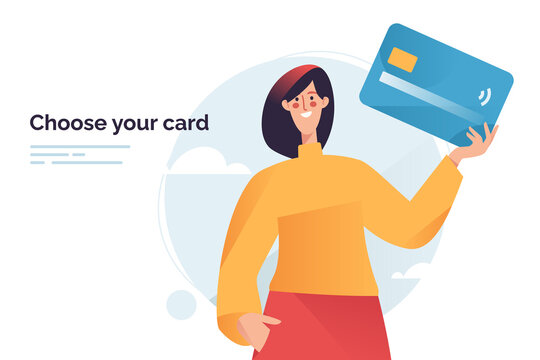Vector illustration depicting a woman holding debit or credit payment card