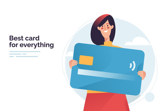 Vector illustration depicting a woman holding debit or credit payment card