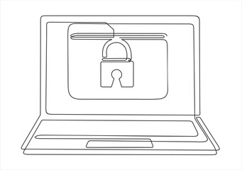 continuous one single line drawing of laptop with folder and padlock on screen. Protected folder. Personal information, data, lock, password, pin code, file. Privacy concept. 