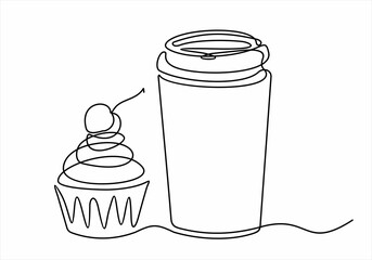 Plastic coffee cup and cupcake with decoration and cherry continuous one line drawing. Breakfast theme with linear pastry and coffee for logo and posters, simple sketch design. Vector 