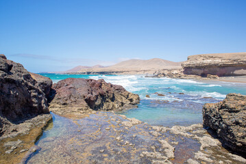 Scenic View of Beach and Mountains on Summer Time, Playa de Garcey,Fuerteventura,Canary,Spain.