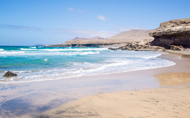 Scenic View of Beach and Mountains on Summer Time, Playa de Garcey,Fuerteventura,Canary,Spain.