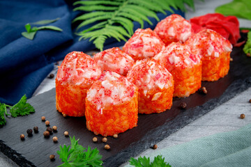 Baked florida sushi rolls with crab cap, tamago omelet and unagi sauce. Traditional Japanese Cuisine - obrazy, fototapety, plakaty