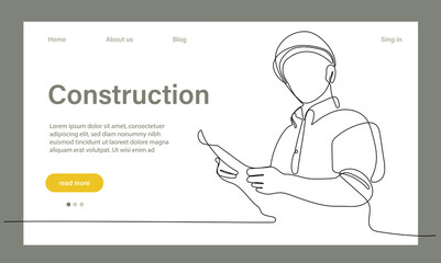 Landing page of architecture works with protective face masks for safety in machine industrial factory. Continuous one line drawing for your minimal design