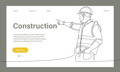 Landing page of architecture works with protective face masks for safety in machine industrial factory. Continuous one line drawing for your minimal design
