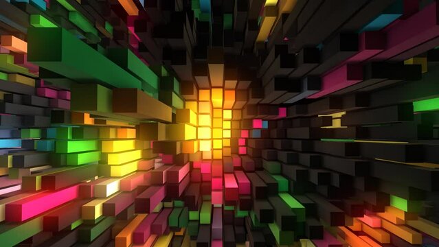 Animated neon rainbow background for the logo. 3d rendering. Randomly moving surface of rectangles with illumination. Minecraft. Screensaver for games, presentations, business, intro. 4k