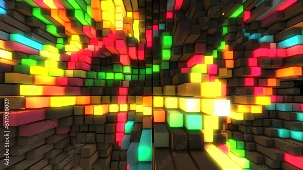Poster animated neon rainbow background for the logo. 3d rendering. randomly moving surface of rectangles w