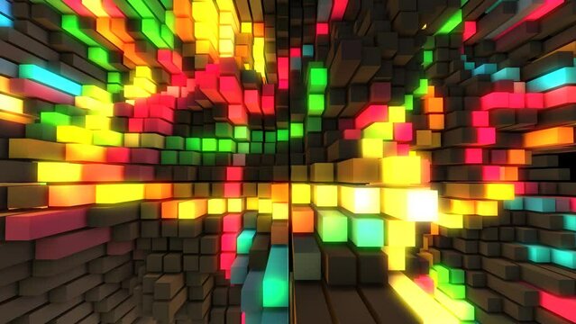 Animated neon rainbow background for the logo. 3d rendering. Randomly moving surface of rectangles with illumination. Minecraft. Screensaver for games, presentations, business, intro. 4k