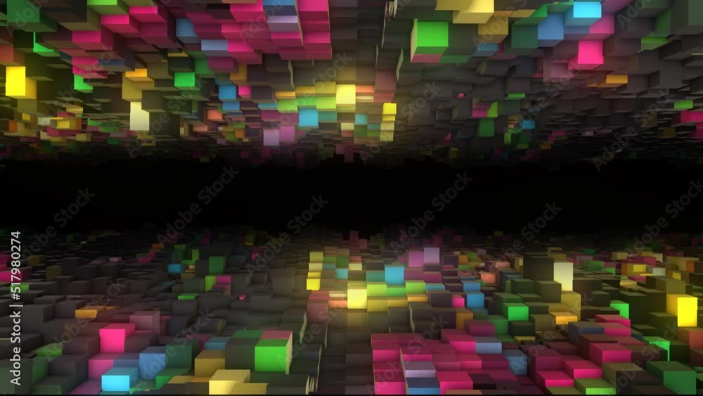 Poster animated neon rainbow background logo frame. 3d rendering. randomly moving surface of rectangles wit