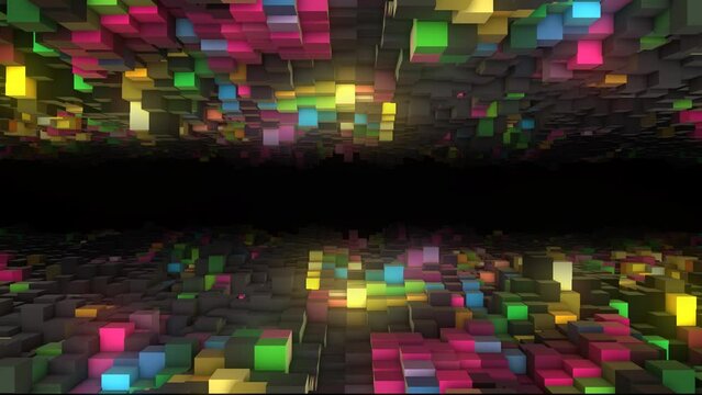 Animated neon rainbow background logo frame. 3d rendering. Randomly moving surface of rectangles with illumination. Minecraft. Screensaver for games, presentations, business, intro. 4k