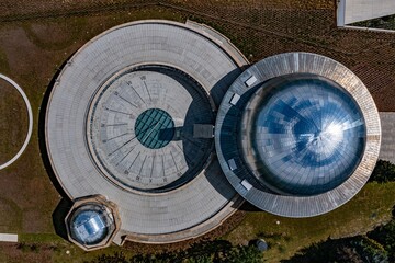 Aerial drone view on planetarium in Katowice, Silesia, Poland