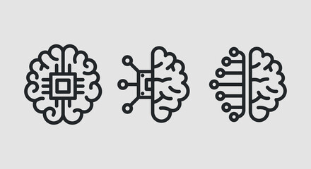 Artificial Intelligence icons. Human brain with processor, chip icons isolated on grey background. . Icons for web design, app interface. Vector illustration