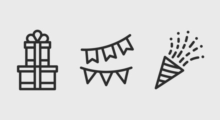 Birthday icons. Gift boxes, ribbons, confetti cannon icons isolated on grey background. Icons for web design, app interface. Vector illustration