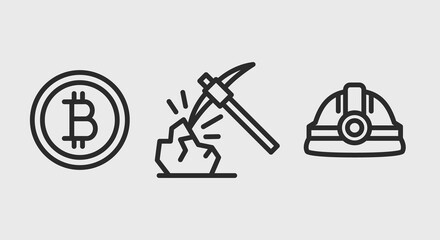 Cryptocurrency icons. Bitcoin token coin sign, pickaxe and rock (mining), miners helmet for social media, app and web design. Vector illustration 