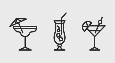 Cocktail icons. Simple outline cocktail icons isolated on grey background. Icons for web design, app interface. Vector illustration