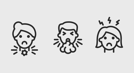 Obraz na płótnie Canvas Flu symptoms icons. Sore throat, cough and headache icons isolated on grey background. Icons for web design, app interface. Vector illustration