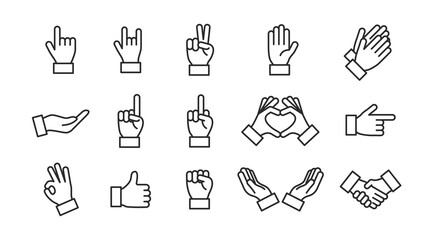 Hand gestures icons set. Set of 15 Hands icons isolated on white background. Thumb up, handshake. Icons for web design, app interface. Vector illustration