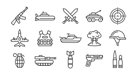 Military, Army, War icons. Set of 20 Military trendy minimal icons. Gun, Bomb, Weapon, Military vehicles icon. Icons for web page, mobile app. Vector illustration © InvisionFrameStudio