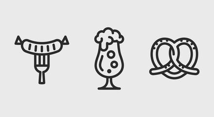 Octoberfest icon set. Grilled sausage on the fork, a glass of beer, and pretzel icons isolated on white background.  Icons for web design, app interface. Vector illustration