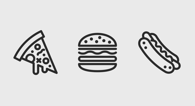 Fast food icons. Slice of pizza, burger and hot dog icons isolated on grey background. Icons for web design, app interface. Vector illustration