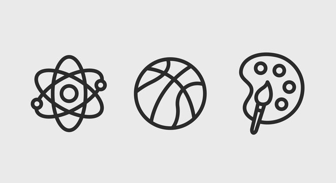 Hobby icons. Atom, basketball ball, brush and palette icons isolated on grey background. Concept of science, sport and art activities. Icons for web design, app interface. Vector illustration