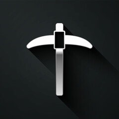 Silver Pickaxe icon isolated on black background. Long shadow style. Vector