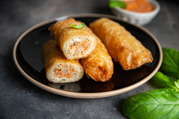 Nem food meat vegetable nems spicy sauce cuisine deep fried spring rolls fresh meal food snack  on the table copy space food background rustic